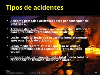 Tipos de acidentes
 Acidente pessoal: o acidentado terá por consequencia
uma lesão.
 Acidente de trajeto: ocorre no percurso da residência
para o trabalho ou trabalho para residência.
 Lesão imediata: lesão que se verifica imediatamente
após ocorrência do acidente.
 Lesão mediata (tardia): lesão que não se verifica
imediatamente após a exposição à fonte da lesão – nexo
causal.
 Incapacidade permanentemente total: perda total da
capacidade de trabalho, inclusive a morte.
http://
www.janicleria.com.br Acidente de Trabalho 39
 