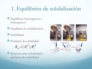 1. Equilibrios de solubilización
 Equilibrios heterogéneos y
homogéneos

 Equilibrio de solubilización
 Solubilidad
 Producto de solubilidad
α

K ps = [ A ] . [ B ]

β

 Relación entre solubilidad y
producto de solubilidad

 
