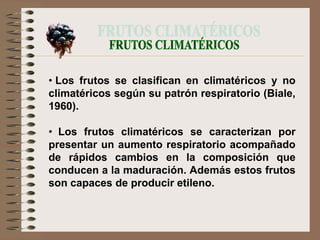 • Los frutos se clasifican en climatéricos y no
climatéricos según su patrón respiratorio (Biale,
1960).

• Los frutos climatéricos se caracterizan por
presentar un aumento respiratorio acompañado
de rápidos cambios en la composición que
conducen a la maduración. Además estos frutos
son capaces de producir etileno.
 
