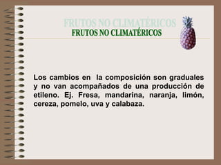 Los cambios en la composición son graduales
y no van acompañados de una producción de
etileno. Ej. Fresa, mandarina, naranja, limón,
cereza, pomelo, uva y calabaza.
 