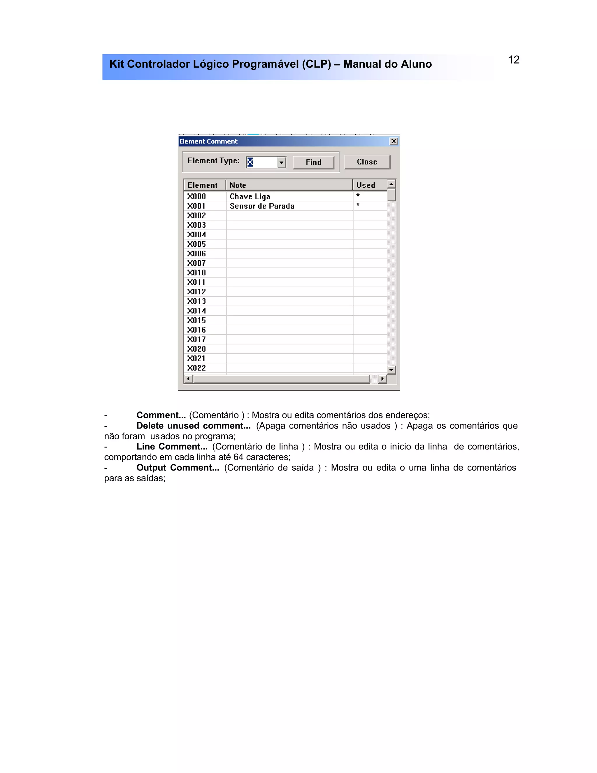 12Kit Controlador Lógico Programável (CLP) – Manual do Aluno
- Comment... (Comentário ) : Mostra ou edita comentários dos endereços;
- Delete unused comment... (Apaga comentários não usados ) : Apaga os comentários que
não foram usados no programa;
- Line Comment... (Comentário de linha ) : Mostra ou edita o início da linha de comentários,
comportando em cada linha até 64 caracteres;
- Output Comment... (Comentário de saída ) : Mostra ou edita o uma linha de comentários
para as saídas;
 