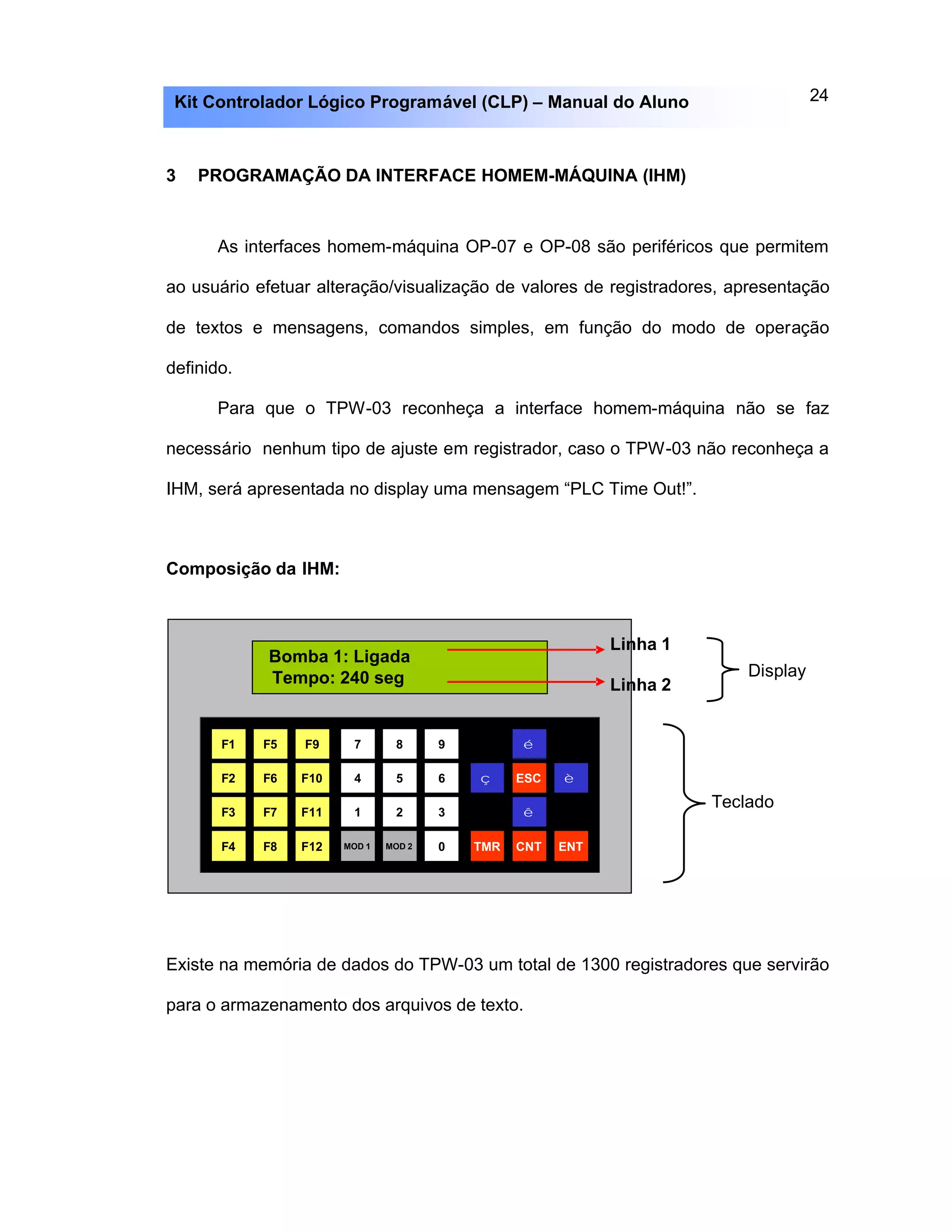 24Kit Controlador Lógico Programável (CLP) – Manual do Aluno
3 PROGRAMAÇÃO DA INTERFACE HOMEM-MÁQUINA (IHM)
As interfaces homem-máquina OP-07 e OP-08 são periféricos que permitem
ao usuário efetuar alteração/visualização de valores de registradores, apresentação
de textos e mensagens, comandos simples, em função do modo de operação
definido.
Para que o TPW-03 reconheça a interface homem-máquina não se faz
necessário nenhum tipo de ajuste em registrador, caso o TPW-03 não reconheça a
IHM, será apresentada no display uma mensagem “PLC Time Out!”.
Composição da IHM:
Existe na memória de dados do TPW-03 um total de 1300 registradores que servirão
para o armazenamento dos arquivos de texto.
F1 F5 F9
F2 F6 F10
F3 F7 F11
F4 F8 F12 MOD 1 MOD 2 TMR CNT ENT
ESC
0
7 8 9
4 5 6
1 2 3
ç
é
ê
è
Bomba 1: Ligada
Tempo: 240 seg
Linha 1
Linha 2
Display
Teclado
 