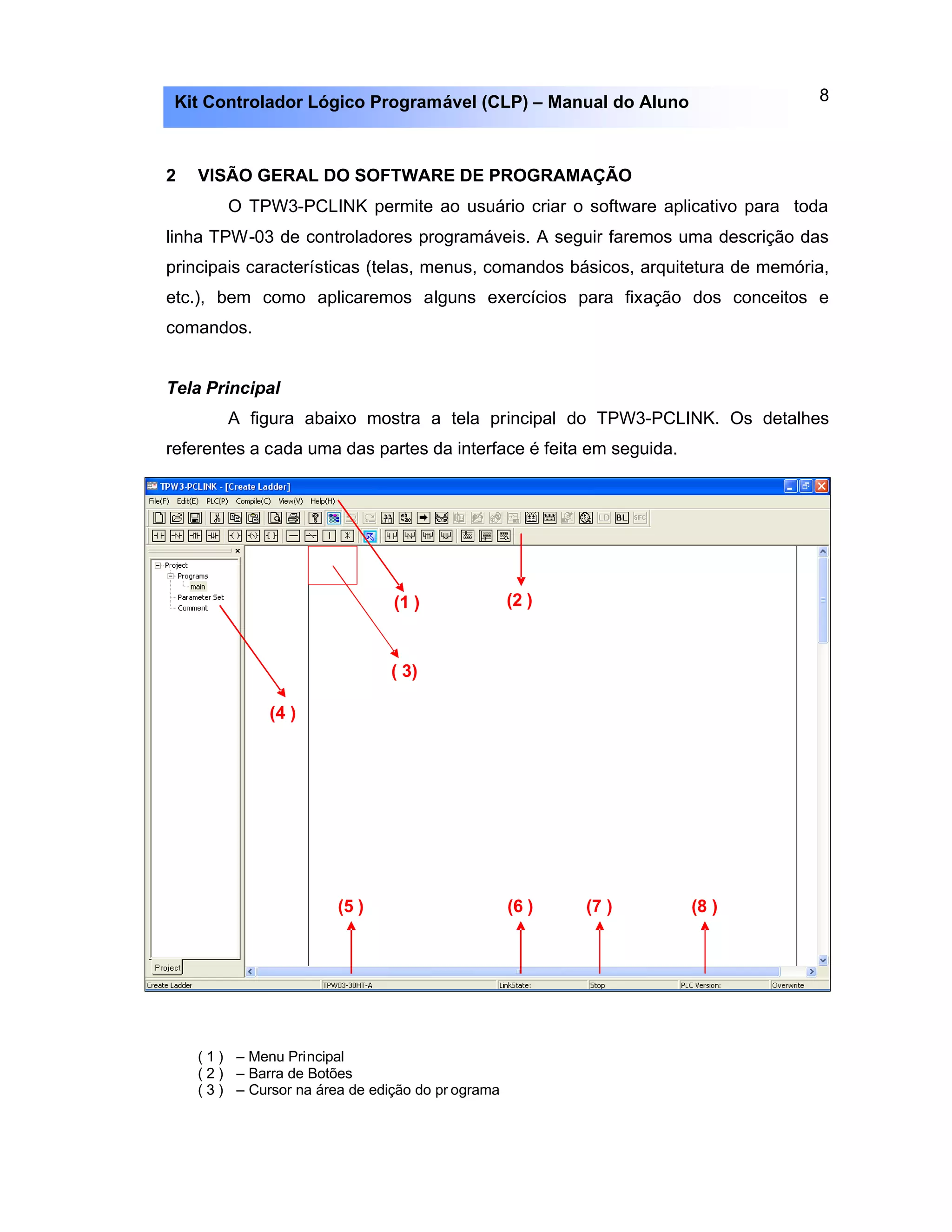8Kit Controlador Lógico Programável (CLP) – Manual do Aluno
2 VISÃO GERAL DO SOFTWARE DE PROGRAMAÇÃO
O TPW3-PCLINK permite ao usuário criar o software aplicativo para toda
linha TPW-03 de controladores programáveis. A seguir faremos uma descrição das
principais características (telas, menus, comandos básicos, arquitetura de memória,
etc.), bem como aplicaremos alguns exercícios para fixação dos conceitos e
comandos.
Tela Principal
A figura abaixo mostra a tela principal do TPW3-PCLINK. Os detalhes
referentes a cada uma das partes da interface é feita em seguida.
( 1 ) – Menu Principal
( 2 ) – Barra de Botões
( 3 ) – Cursor na área de edição do pr ograma
(1 ) (2 )
( 3)
(4 )
(5 ) (6 ) (7 ) (8 )
 