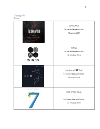 6
Discografía
Álbum
DARK&WILD
Fecha de lanzamiento:
20-agosto-2014
WINGS
Fecha de lanzamiento:
10-octubre-2016
Love Yourself 轉 'Tear'
Fecha de Lanzamiento:
18-mayo-2018
MAP OF THE SOUL:
7
Fecha de Lanzamiento:
21-febrero-2020
 