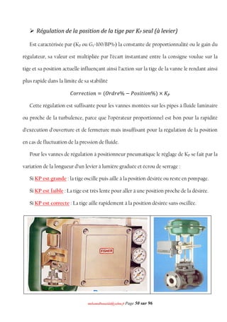 mmoohhaammeeddbboouuaacciiddaa@@yyaahhoooo..ffrr Page 50 sur 96
 Régulation de la position de la tige par KP seul (à levier)
Est caractérisée par (KP ou Gr=100/BP%) la constante de proportionnalité ou le gain du
régulateur, sa valeur est multipliée par l’écart instantané entre la consigne voulue sur la
tige et sa position actuelle influençant ainsi l’action sur la tige de la vanne le rendant ainsi
plus rapide dans la limite de sa stabilité
‫ݐܿ݁ݎݎ݋ܥ‬݅‫݊݋‬ = (ܱ‫%݁ݎ݀ݎ‬ − ܲ‫݅ݏ݋‬‫ݐ‬݅‫)%݊݋‬ × ‫ܭ‬௉
Cette régulation est suffisante pour les vannes montées sur les pipes à fluide laminaire
ou proche de la turbulence, parce que l’opérateur proportionnel est bon pour la rapidité
d’exécution d’ouverture et de fermeture mais insuffisant pour la régulation de la position
en cas de fluctuation de la pression de fluide.
Pour les vannes de régulation à positionneur pneumatique le réglage de KP se fait par la
variation de la longueur d’un levier à lumière graduée et écrou de serrage :
Si KP est grande : la tige oscille puis aille à la position désirée ou reste en pompage.
Si KP est faible : La tige est très lente pour aller à une position proche de la désirée.
Si KP est correcte : La tige aille rapidement à la position désirée sans oscillée.
 