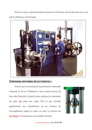 mmoohhaammeeddbboouuaacciiddaa@@yyaahhoooo..ffrr Page 39 sur 96
Pour les vannes à grands diamètres (environ 6") les banc d’essai devienne rare et on
doit les fabriquer à la demande :
Etalonnage mécanique du servomoteur :
Exercer sur le servomoteur la pression de commande
minimale (3 Psi ou 200mbar) et faite tourner l’écrou du
haut afin d’atteidre le point le plus extrême de commande
(Le plus bas pour une vanne NC) et qui coincide
parfaitement avec l’épaulement ou les rainures de
l’accouplement quand la vanne est dans la position de
décollage et ne doit passer aucun débit voir fuite.
 