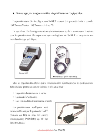 mmoohhaammeeddbboouuaacciiddaa@@yyaahhoooo..ffrr Page 42 sur 96
 Etalonnage par programmation du positionneur configurable
Les positionneurs dits intelligents ou SMART peuvent être paramétrés via la console
HART ou un Modem HART connectée à un PC.
La procédure d’étalonnage mécanique du servomoteur et de la vanne reste la même
pour les positionneurs électropneumatiques analogiques ou SMART en moyennant un
banc d’étalonnage spécifique.
Mais les opportunités offertes par la communication numérique avec les positionneurs
de la nouvelle génération semble infinies, et très utile pour :
 La gestion d’entretien de la vanne
 La sécurité d’utilisation
 L es commodités de commande avancée
Les positionneurs intelligents sont
paramétrable soit par le protocole HART
(Console ou PC) ou plus fort encore
communication PROFIBUS ou RS par
câble TTL/RS232.
 