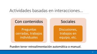 Actividades basadas en interacciones…
Con contenidos
Preguntas
cerradas, trabajos
individuales
Sociales
Discusiones,
trabajos en
equipo, etc.
21
Pueden tener retroalimentación automática o manual.
 
