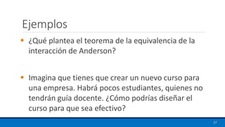 Ejemplos
▪ ¿Qué plantea el teorema de la equivalencia de la
interacción de Anderson?
▪ Imagina que tienes que crear un nuevo curso para
una empresa. Habrá pocos estudiantes, quienes no
tendrán guía docente. ¿Cómo podrías diseñar el
curso para que sea efectivo?
27
 