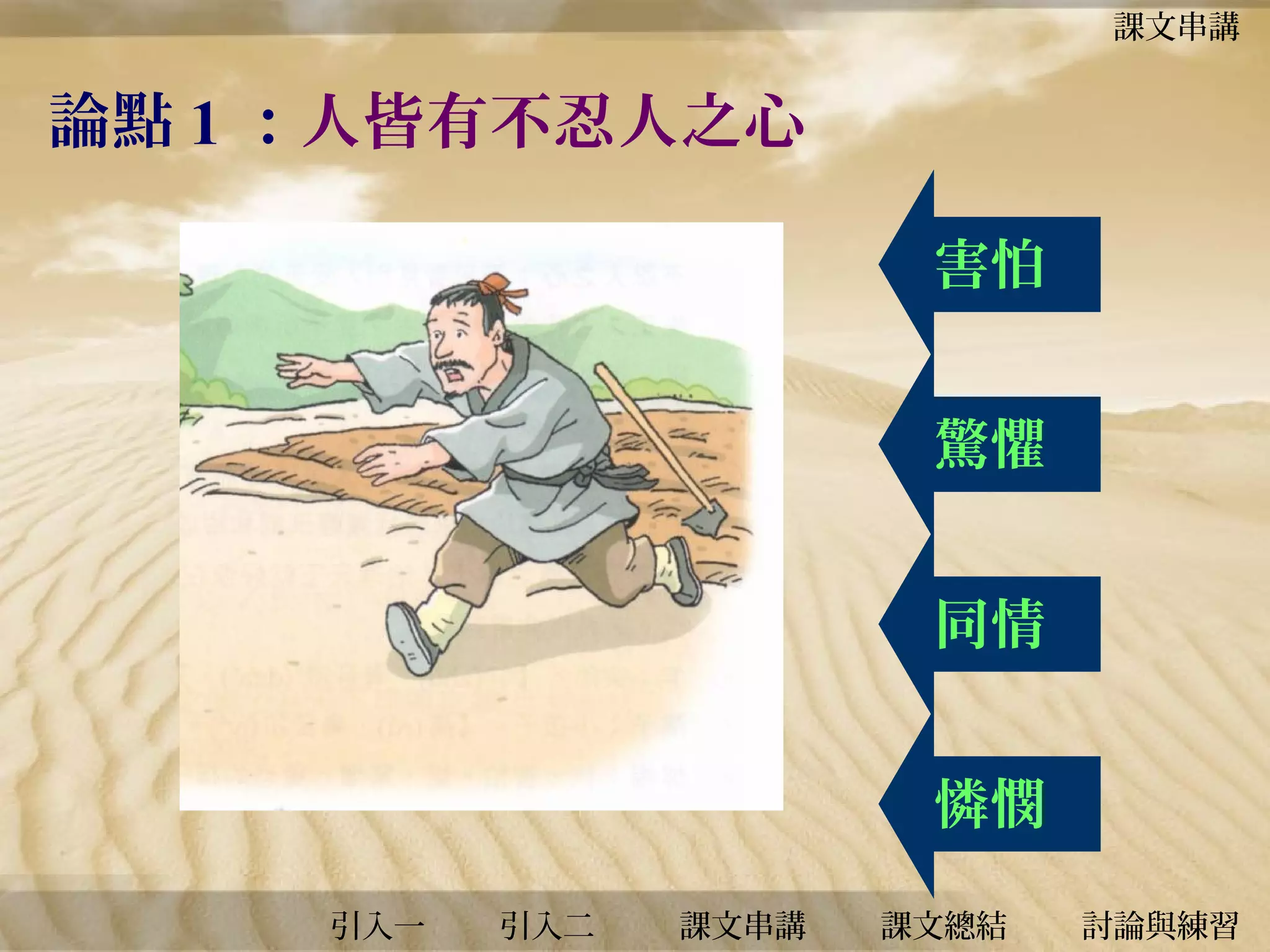 課文串講

論點 1 ：人皆有不忍人之心
害怕
驚懼
同情
憐憫
引入一

引入二

課文串講

課文總結

討論與練習

 