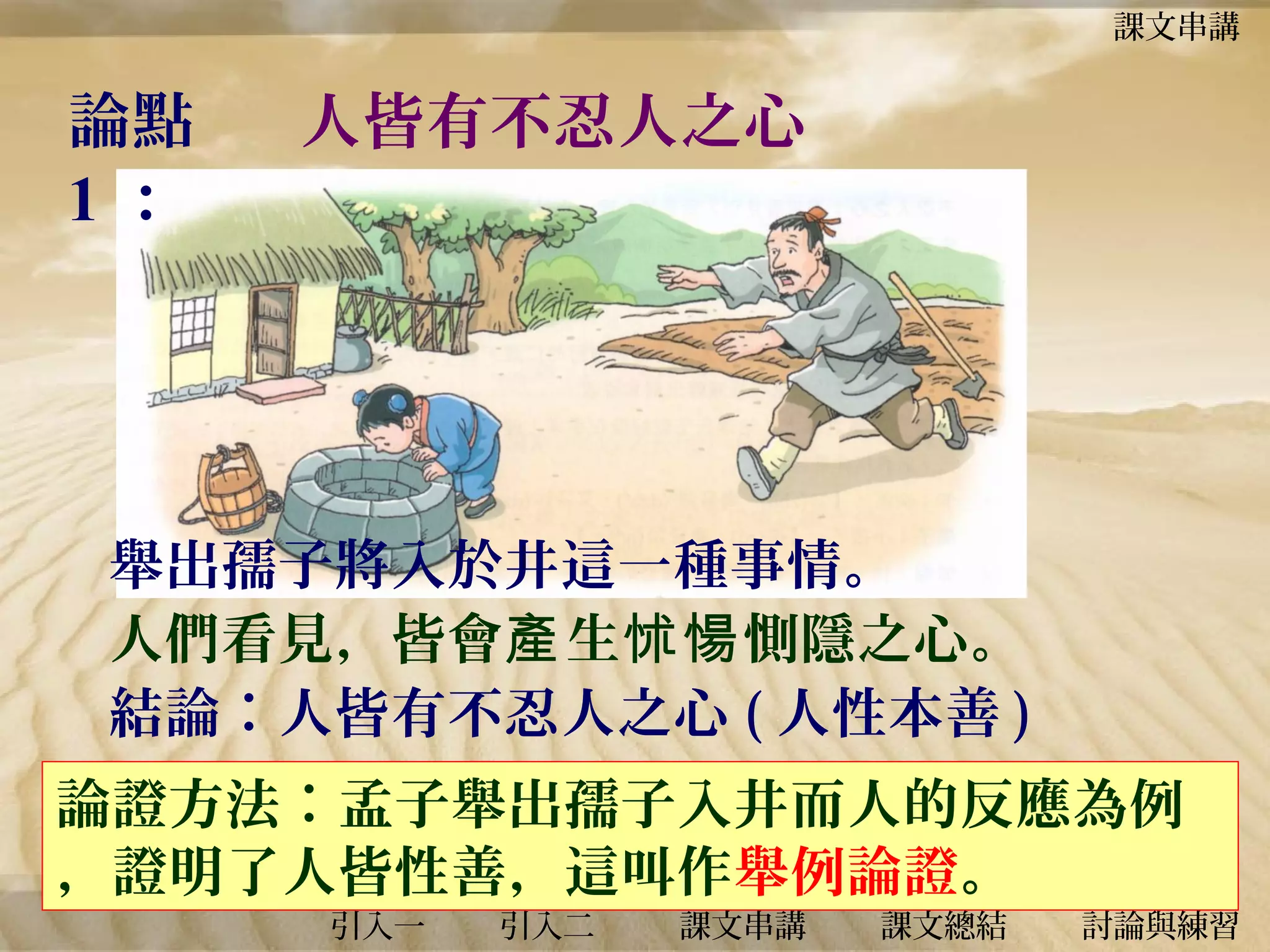 課文串講

論點
1：

人皆有不忍人之心

舉出孺子將入於井這一種事情。
人們看見，皆會產 生怵愓 惻隱之心。
結論︰人皆有不忍人之心 ( 人性本善 )
論證方法︰孟子舉出孺子入井而人的反應為例
，證明了人皆性善，這叫作舉例論證。
引入一

引入二

課文串講

課文總結

討論與練習

 