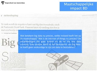 Maatschappelijke
impact BD
Wat betekent big data nu precies, welke invloed heeft het op
de maatschappij? Wat is de internet of things nu precies? De
ontwikkelingen die gaan komen en de rol die een data
scientist/ data analyst heeft bij het bestuderen van big data.
Je hoeft geen wiskundige te zijn om data te bestuderen!
 