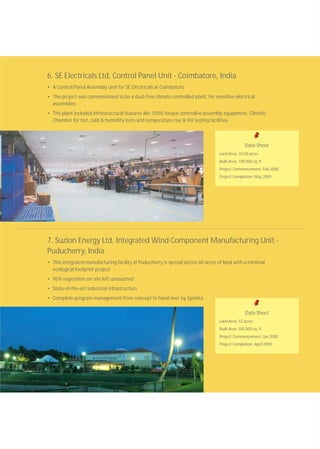 6. SE Electricals Ltd, Control Panel Unit - Coimbatore, India
• A Control Panel Assembly Unit for SE Electricals at Coimbatore
• The project was commissioned to be a dust-free climate controlled plant, for sensitive electrical
assemblies
• The plant included infrastructural features like 100% torque controlled assembly equipment, Climatic
Chamber for hot, cold & humidity tests and temperature rise & HV testing facilities
Data Sheet
Land Area: 33.50 acres
Built Area: 190,000 sq. ft.
Project Commencement: Feb 2008
Project Completion: May 2009
7. Suzlon Energy Ltd, Integrated Wind Component Manufacturing Unit -
Puducherry, India
• This integrated manufacturing facility at Puducherry is spread across 60 acres of land with a minimal
ecological footprint project
• 95% vegetation on site left untouched
• State-of-the-art industrial infrastructure
• Complete program management from concept to hand over by Synefra
Data Sheet
Land Area: 52 acres
Built Area: 500,000 sq. ft.
Project Commencement: Jan 2008
Project Completion: April 2009
 