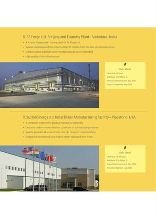 9.SuzlonEnergyLtd,RotarBladeManufacturingFacility–Pipestone,USA
• A composite engineering product manufacturing facility
• Executed under extreme weather conditions of sub-zero temperatures
• Synefra provided all services from concept design to commissioning
• Completed and handed over project within stipulated time frame
8. SE Forge Ltd, Forging and Foundry Plant - Vadodara, India
• A 50 acre Forging and Foundry plant for SE Forge Ltd.
• Synefra commissioned the project within 20 months from the date of commencement
• Complex water drainage system incorporated to prevent flooding
• High quality of site infrastructure
Data Sheet
Land Area: 39.20 acres
Built Area: 215,000 sq. ft.
Project Commencement: Nov. 2005
Project Completion: July 2006
Data Sheet
Land Area: 40 acres
Built Area: 450,000 sq. ft.
Project Commencement: Aug 2007
Project Completion: May 2009
 