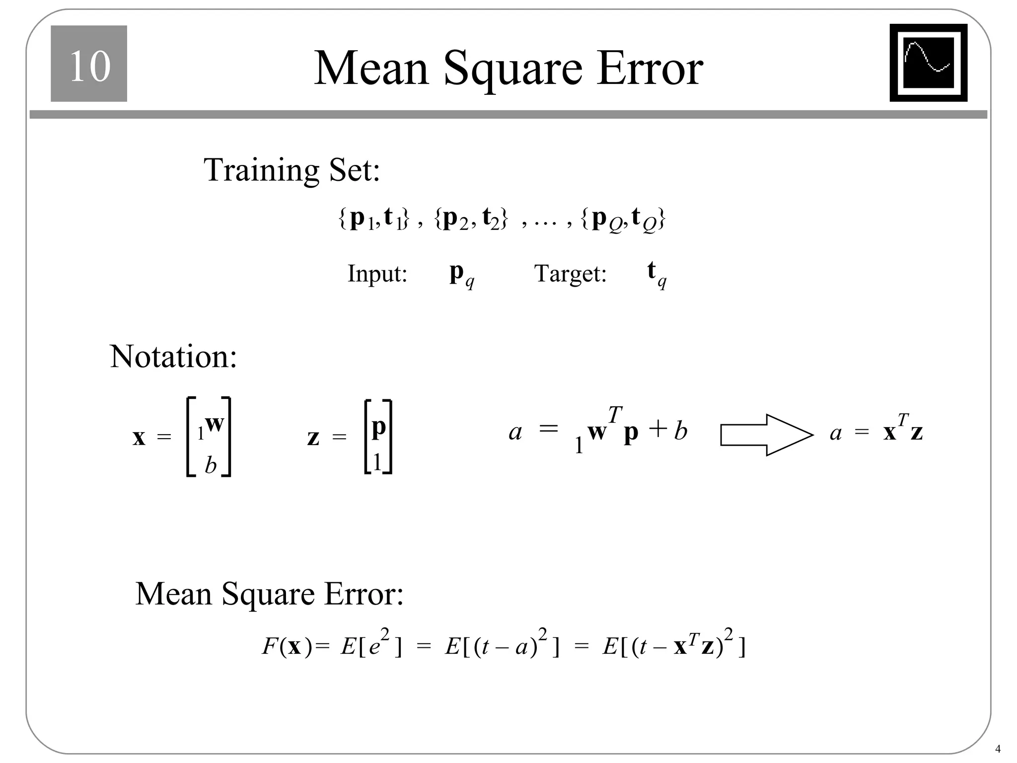 Mean Square Error Training Set: Input: Target: Notation: Mean Square Error: 