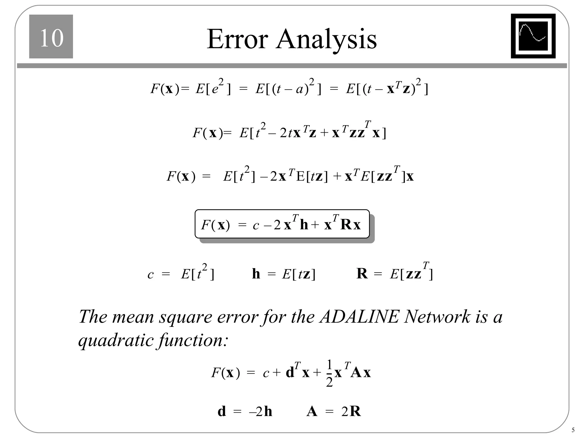 Error Analysis The mean square error for the ADALINE Network is a quadratic function: 