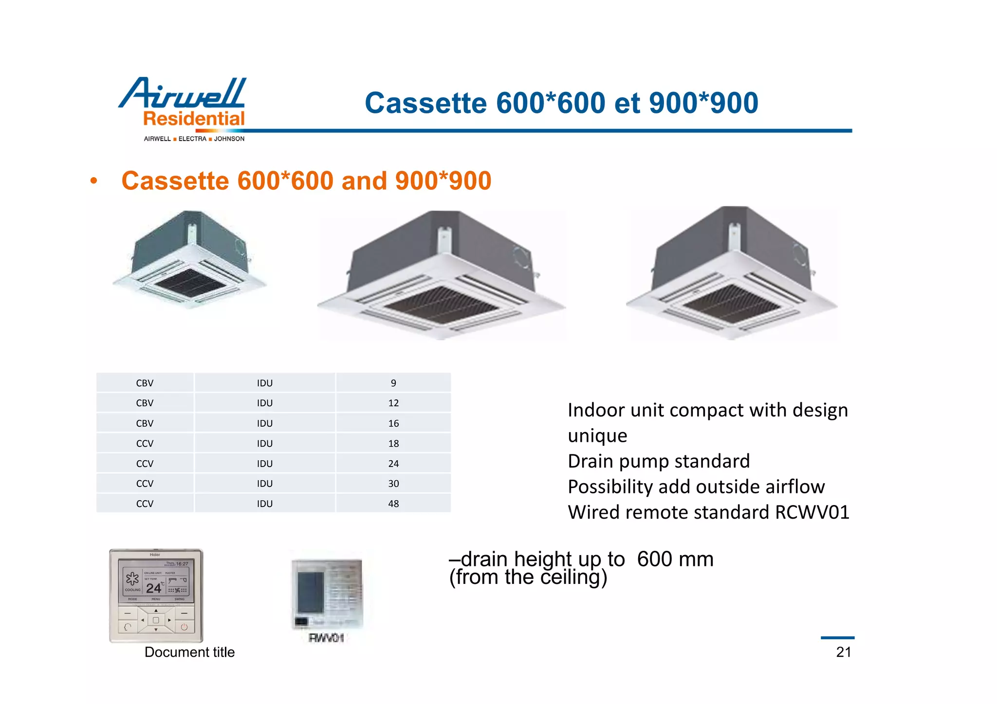 Document title 21
Cassette 600*600 et 900*900
• Cassette 600*600 and 900*900
CBV IDU 9
CBV IDU 12
CBV IDU 16
CCV IDU 18
CCV IDU 24
CCV IDU 30
CCV IDU 48
Indoor unit compact with design
unique
Drain pump standard
Possibility add outside airflow
Wired remote standard RCWV01
–drain height up to 600 mm
(from the ceiling)
 