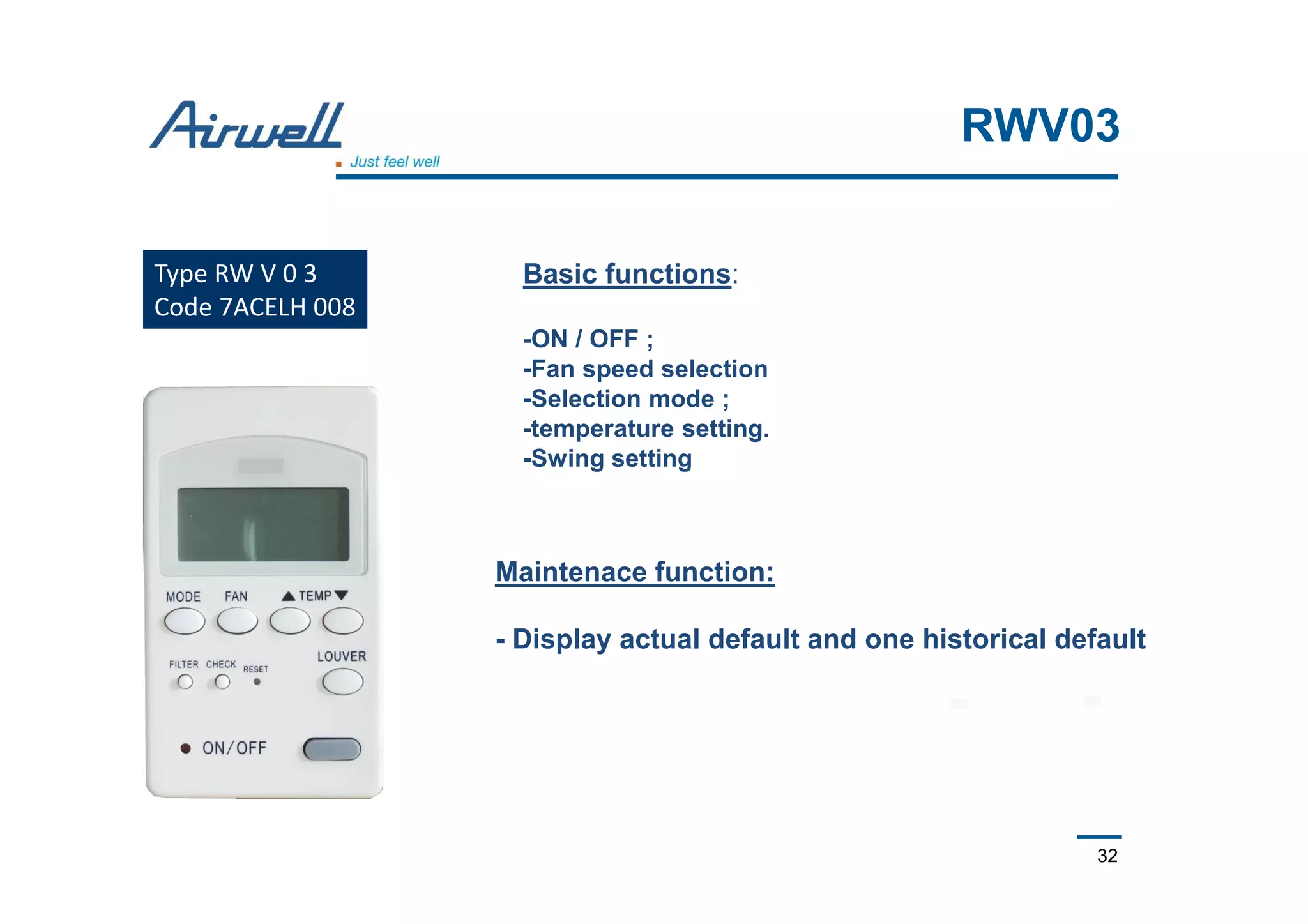 32
RWV03
Basic functions:
-ON / OFF ;
-Fan speed selection
-Selection mode ;
-temperature setting.
-Swing setting
Maintenace function:
- Display actual default and one historical default
Type RW V 0 3
Code 7ACELH 008
 