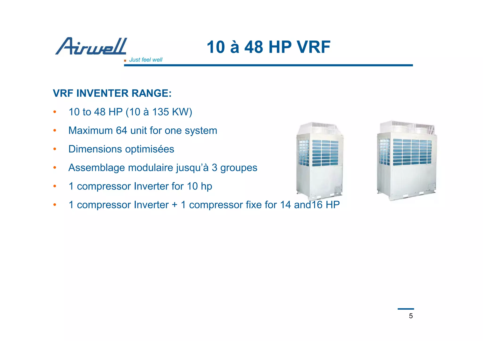 5
10 à 48 HP VRF
VRF INVENTER RANGE:
• 10 to 48 HP (10 à 135 KW)
• Maximum 64 unit for one system
• Dimensions optimisées
• Assemblage modulaire jusqu’à 3 groupes
• 1 compressor Inverter for 10 hp
• 1 compressor Inverter + 1 compressor fixe for 14 and16 HP
 