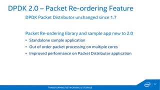TRANSFORMING NETWORKING & STORAGE
22
DPDK 2.0 – Packet Re-ordering Feature
DPDK Packet Distributor unchanged since 1.7
Packet Re-ordering library and sample app new to 2.0
• Standalone sample application
• Out of order packet processing on multiple cores
• Improved performance on Packet Distributor application
 