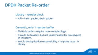 TRANSFORMING NETWORKING & STORAGE
25
DPDK Packet Re-order
Library – reorder block
• API – insert packet, drain packet
Currently, only 1 reorder buffer
• Multiple buffers require more complex logic
• It could be feasible, but not implemented (or prototyped)
at this point.
• Would be application responsibility – no plans to put in
library
 