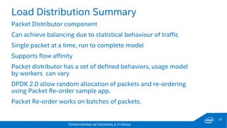 TRANSFORMING NETWORKING & STORAGE
26
Load Distribution Summary
Packet Distributor component
Can achieve balancing due to statistical behaviour of traffic
Single packet at a time, run to complete model
Supports flow affinity
Packet distributor has a set of defined behaviors, usage model
by workers can vary
DPDK 2.0 allow random allocation of packets and re-ordering
using Packet Re-order sample app.
Packet Re-order works on batches of packets.
 
