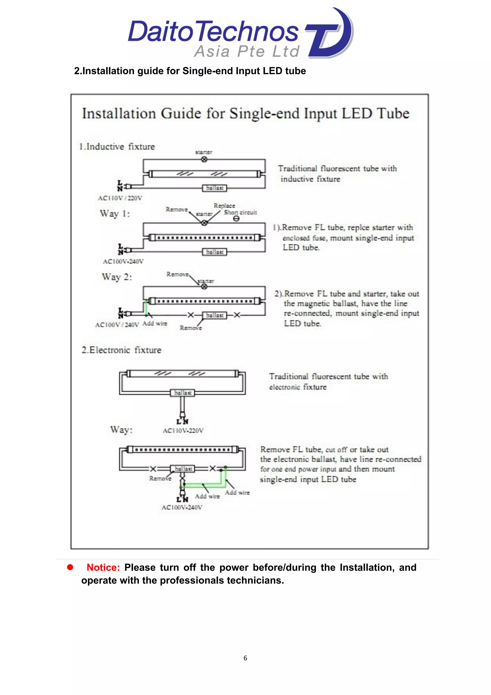  
6	
  
	
  
2.Installation guide for Single-end Input LED tube
" Notice: Please turn off the power before/during the Installation, and
operate with the professionals technicians.
 