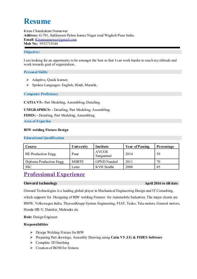 resume kiran chandrakant nunnewar address g 701 sukhawani palms homes nagar road wagholi - Unigraphics Designer Resume resume kiran chandrakant nunnewar address g 701 sukhawani palms homes nagar road wagholi - Unigraphics Designer Resume