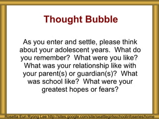 Thought Bubble As you enter and settle, please think about your adolescent years.  What do you remember?  What were you like?  What was your relationship like with your parent(s) or guardian(s)?  What was school like?  What were your greatest hopes or fears? Rosetta Eun Ryong Lee http://sites.google.com/site/seattlegirlsschoolinfoseries/home 