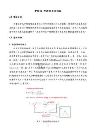 2
4.1
4.2
1.
( )
4.1 (Barkhausen’s Criteria)
( ) ( )G s H s 1(
( ) ( ) 1G s H s = − ) 4.1 ( )G s ( ( )G s )
( ( )H s )
(
)
( ) ( )G s H s
+
+
)(sG
)(sH
oViV
fV
fod VVV +=
sf
f
)(sH
)()(1
)(
)(
sHsG
sG
V
V
sG
i
o
f
⋅−
==
1)()( =⋅ sHsG (Phase is 0 deg. or multiple of 360 deg.)
Barkhausen’s Criteria:
Resonator
Amplifier
4.1
 