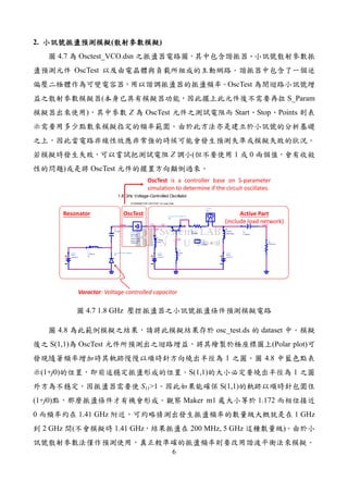 6
2. ( )
4.7 Osctest_VCO.dsn
OscTest
OscTest
( S_Param
) Z OscTest Start Stop Points
Z ( 1 0
) OscTest
VB
Vout
VE
VE VEVres
1.8 GHz Voltage-Controlled Oscillator
S-PARAMETER OSCTEST for Loop Gain
L
L2
R=
L=2 nH
L
R1
R=422
L=100 nH
V_DC
SRC2
Vdc=-5 V
V_DC
SRC3
Vdc=12 V
L
R2
R=681-Rbias
L=100 nH
R
R3
R=50 Ohm
C
C2
C=1000 pF
I_Probe
ICC
C
C1
C=10 pF
ap_dio_MV1404_19930601
D1
L
L1
R=
L=1000 nH
V_DC
SRC1
Vdc=4.0 V
OscTest
OscTickler
Z=1.1 Ohm
Start=0.5 GHz
Stop=4.0 GHz
Points=201
VAR
VAR1
Rbias=50
Eqn
Var
R
R4
R=Rbias
pb_hp_AT41411_19921101
Q2
Resonator Active Part
(include load network)
Varactor: Voltage-controlled capacitor
OscTest
OscTest is a controller base on S-parameter
simulation to determine if the circuit oscillates.
4.7 1.8 GHz
4.8 osc_test.ds dataset
S(1,1) OscTest (Polar plot)
1 4.8
(1+j0) S(1,1) 1
S11>1 S(1,1)
(1+j0) Maker m1 1.172
0 1.41 GHz 1 GHz
2 GHz ( 1.41 GHz 200 MHz, 5 GHz )
 