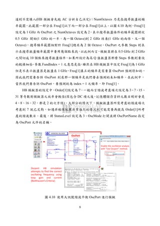 8
(HB AC ) NumOctaves
Freq[1] Freq[1] 4.10 Freq[1]
1 GHz OscPort NumOctaves 2
0.5 GHz (1 GHz Octave) 2 GHz (1 GHz
Octave) Freq[1] 2 Octave OscPort Steps
0.5 GHz 2 GHz
10 Q Steps
FundIndex = 1 HB Freq[1] 1 GHz
1 GHz Freq[1] OscPort
OscPort
OscPort index = 1 Freq[1]
HB Order[1] 7 3 7 15
31 ( DC
4 8 16 32 2 )
7 Order[1]
StatusLevel 3 OscMode OscPortName
OscPort
VE
VE VEVres
VB
HarmonicBalance
HB1
OscPortName="Osc1"
OscMode=yes
StatusLevel=2
Order[1]=7
Freq[1]=1.0 GHz
HARMONIC BALANCE
OscPort
Osc1
MaxLoopGainStep=
FundIndex=1
Steps=10
NumOctaves=2
Z=1.1 Ohm
V=
V_DC
SRC1
Vdc=4.0 V
L
L1
R=
L=1000 nH
ap_dio_MV1404_19930601
D1
C
C1
C=10 pF
L
L2
R=
L=2 nH
L
R1
R=422
L=100 nH
V_DC
SRC2
Vdc=-5 V
pb_hp_AT41411_19921101
Q2
OscPort
Enable the oscillation analysis
with “Use Oscport” method.
Oscport HB simulation
attempts to find the correct
oscillating frequency using
loop gain and current
(Barkhausen’s Criteria).
3
4.10 OscPort
 