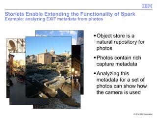 © 2014 IBM Corporation
Storlets Enable Extending the Functionality of Spark
Example: analyzing EXIF metadata from photos
§ Object store is a
natural repository for
photos
§ Photos contain rich
capture metadata
§ Analyzing this
metadata for a set of
photos can show how
the camera is used
 