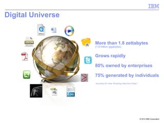 © 2014 IBM Corporation
Digital Universe
More than 1.8 zettabytes
(1.8 trillion gigabytes)
Grows rapidly
80% owned by enterprises
75% generated by individuals
According IDC iView "Extracting Value from Chaos,"
 