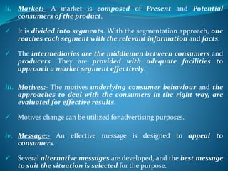 ii. Market:- A market is composed of Present and Potential
consumers of the product.
 It is divided into segments. With the segmentation approach, one
reaches each segment with the relevant information and facts.
 The intermediaries are the middlemen between consumers and
producers. They are provided with adequate facilities to
approach a market segment effectively.
iii. Motives:- The motives underlying consumer behaviour and the
approaches to deal with the consumers in the right way, are
evaluated for effective results.
 Motives change can be utilized for advertising purposes.
iv. Message:- An effective message is designed to appeal to
consumers.
 Several alternative messages are developed, and the best message
to suit the situation is selected for the purpose.
 