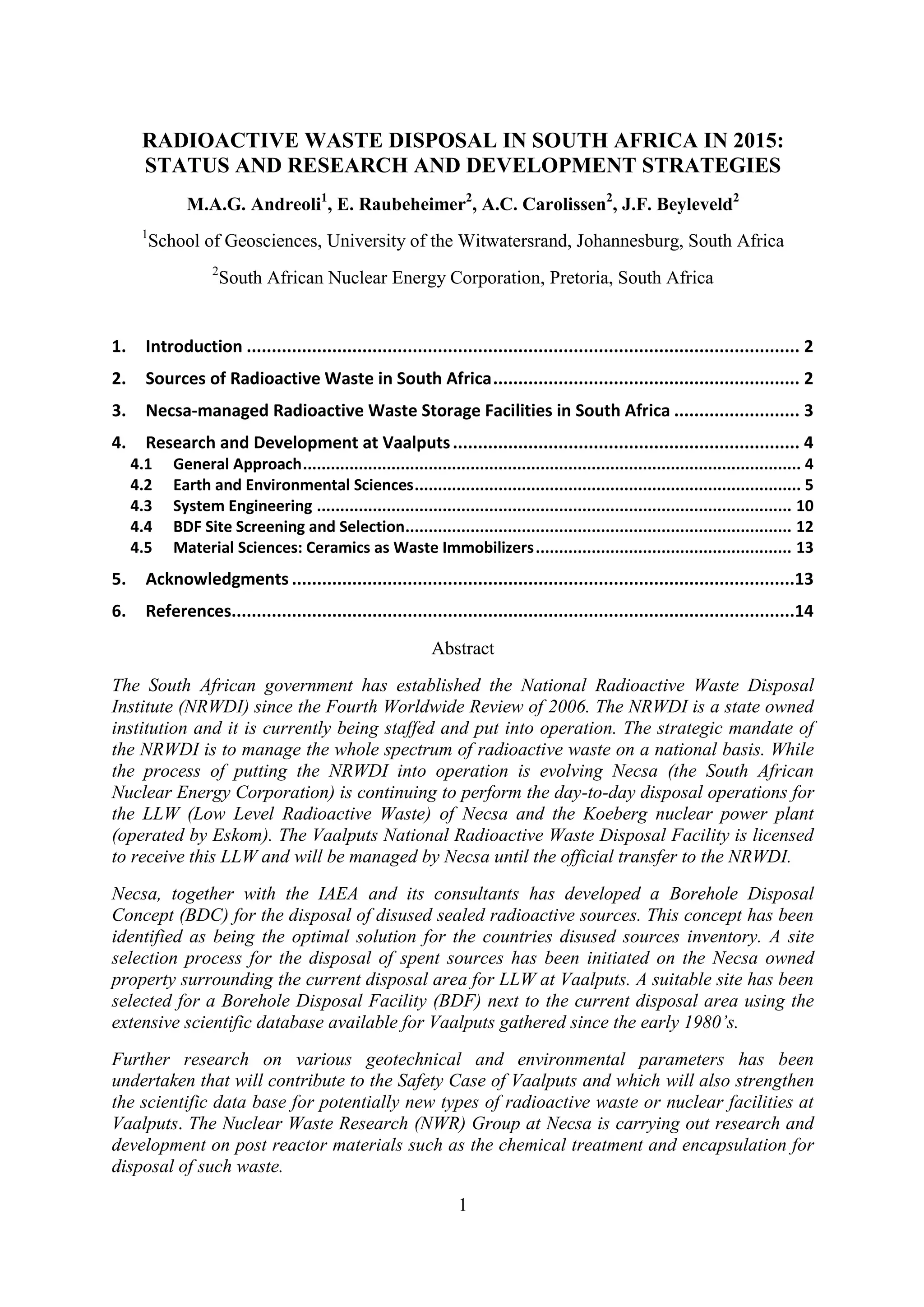 RADIOACTIVE WASTE DISPOSAL IN SOUTH AFRICA IN 2015 STATUS AND RESEARCH