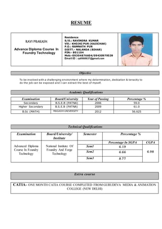 RESUME
RAVI PRAKASH
Advance Diploma Course In
Foundry Technology
Residence:
S/O.: RAVINDRA KUMAR
Vill.: KHOJKI PUR (KAJICHAK)
P.O.: RAMNATH PUR
DISTT.- NALANDA (BIHAR)
PIN:- 801104
Mob:-09304876604/09430979539
Email ID : rp0998637@gmail.com
Objective
To be involved with a challenging environment where my determination, dedication & tenacity to
do the job can be exposed and I can extract the best of myself.
Academic Qualifications
Examination Board/University Year of Passing Percentage %
Secondary B.S.E.B (PATNA) 2006 59.0
Higher Secondary B.S.E.B (PATNA) 2009 61.0
B.Sc (MATH) MAGADH UNIVERSITY 2012 56.625
Technical Qualifications
Examination Board/University/
Institute
Semester Percentage %
Advanced Diploma
Course In Foundry
Technology
National Institute Of
Foundry And Forge
Technology
Percentage In SGPA CGPA
Sem1 6.19
6.98Sem2 6.66
Sem3 8.77
Extra course
CATIA:- ONE MONTH CATIA COURSE COMPLETED FROM GURUDEVA MEDIA & ANIMATION
COLLEGE (NEW DELHI)
 