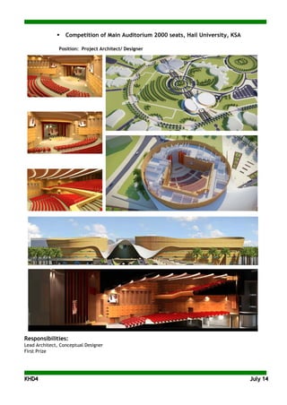 KKHHDD44 JJuullyy 1144
 Competition of Main Auditorium 2000 seats, Hail University, KSA
Position: Project Architect/ Designer
Responsibilities:
Lead Architect, Conceptual Designer
First Prize
 