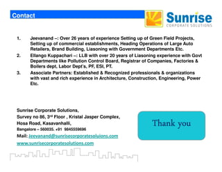 1. Jeevanand –: Over 26 years of experience Setting up of Green Field Projects,
Setting up of commercial establishments, Heading Operations of Large Auto
Retailers, Brand Building, Liasoning with Government Departments Etc.
2. Ellango Kuppachari –: LLB with over 20 years of Liasoning experience with Govt
Departments like Pollution Control Board, Registrar of Companies, Factories &
Boilers dept, Labor Dept’s, PF, ESI, PT.
3. Associate Partners: Established & Recognized professionals & organizations
with vast and rich experience in Architecture, Construction, Engineering, Power
Etc.
Contact
Sunrise Corporate Solutions
Etc.
Sunrise Corporate Solutions,
Survey no 86, 3rd Floor , Kristal Jasper Complex,
Hosa Road, Kasavanhalli,
Bangalore – 560035. +91 9845559696
Mail: Jeevanand@sunrisecorporatesoluions.com
www.sunrisecorporatesolutions.com
Thank youThank youThank youThank you
 