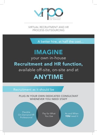 R E C R U I T E R S
O N D E M A N D
VIRTUAL RECRUITMENT AND HR
PROCESS OUTSOURCING
Recruitment as it should be
PLUG IN YOUR OWN DEDICATED CONSULTANT
WHENEVER YOU NEED STAFF
Flexible
On-Demand HR
Professional
Pay for What
You Use
As and When
YOU need it
A better hire, at half the cost...
IMAGINE
your own in-house
Recruitment and HR function,
available off-site, on-site and at
ANYTIME
 