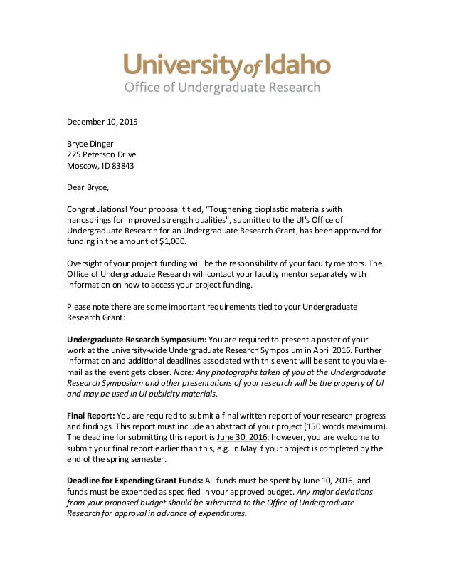 Dinger Award Letter