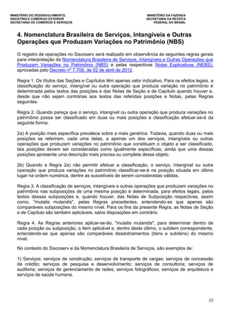 MINISTÉRIO DO DESENVOLVIMENTO, MINISTÉRIO DA FAZENDA
INDÚSTRIA E COMÉRCIO EXTERIOR SECRETARIA DA RECEITA
SECRETARIA DE COMÉRCIO E SERVIÇOS FEDERAL DO BRASIL
55
4. Nomenclatura Brasileira de Serviços, Intangíveis e Outras
Operações que Produzam Variações no Patrimônio (NBS)
O registro de operações no Siscoserv será realizado em observância às seguintes regras gerais
para interpretação da Nomenclatura Brasileira de Serviços, Intangíveis e Outras Operações que
Produzam Variações no Patrimônio (NBS) e pelas respectivas Notas Explicativas (NEBS),
aprovadas pelo Decreto nº 7.708, de 02 de abril de 2012.
Regra 1. Os títulos das Seções e Capítulos têm apenas valor indicativo. Para os efeitos legais, a
classificação do serviço, intangível ou outra operação que produza variação no patrimônio é
determinada pelos textos das posições e das Notas de Seção e de Capítulo quando houver e,
desde que não sejam contrárias aos textos das referidas posições e Notas, pelas Regras
seguintes.
Regra 2. Quando pareça que o serviço, intangível ou outra operação que produza variações no
patrimônio possa ser classificado em duas ou mais posições a classificação efetuar-se-á da
seguinte forma:
2a) A posição mais específica prevalece sobre a mais genérica. Todavia, quando duas ou mais
posições se referirem, cada uma delas, a apenas um dos serviços, intangíveis ou outras
operações que produzam variações no patrimônio que constituam o objeto a ser classificado,
tais posições devem ser consideradas como igualmente específicas, ainda que uma dessas
posições apresente uma descrição mais precisa ou completa desse objeto.
2b) Quando a Regra 2a) não permitir efetuar a classificação, o serviço, intangível ou outra
operação que produza variações no patrimônio classificar-se-á na posição situada em último
lugar na ordem numérica, dentre as suscetíveis de serem consideradas válidas.
Regra 3. A classificação de serviços, intangíveis e outras operações que produzam variações no
patrimônio nas subposições de uma mesma posição é determinada, para efeitos legais, pelos
textos dessas subposições e, quando houver, das Notas de Subposição respectivas, assim
como, "mutatis mutandis", pelas Regras precedentes, entendendo-se que apenas são
comparáveis subposições do mesmo nível. Para os fins da presente Regra, as Notas de Seção
e de Capítulo são também aplicáveis, salvo disposições em contrário.
Regra 4. As Regras anteriores aplicar-se-ão, "mutatis mutandis", para determinar dentro de
cada posição ou subposição, o item aplicável e, dentro deste último, o subitem correspondente,
entendendo-se que apenas são comparáveis desdobramentos (itens e subitens) do mesmo
nível.
No contexto do Siscoserv e da Nomenclatura Brasileira de Serviços, são exemplos de:
1) Serviços: serviços de construção; serviços de transporte de cargas; serviços de concessão
de crédito; serviços de pesquisa e desenvolvimento; serviços de consultoria; serviços de
auditoria; serviços de gerenciamento de redes; serviços fotográficos; serviços de arquitetura e
serviços de saúde humana.
 
