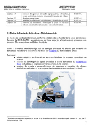 MINISTÉRIO DO DESENVOLVIMENTO, MINISTÉRIO DA FAZENDA
INDÚSTRIA E COMÉRCIO EXTERIOR SECRETARIA DA RECEITA
SECRETARIA DE COMÉRCIO E SERVIÇOS FEDERAL DO BRASIL
7
Capítulo 19 Serviços de apoio às atividades agropecuárias, silvicultura,
pesca, aquicultura, extração mineral, eletricidade, gás e água
01/10/2013
Capítulo 22 Serviços educacionais 01/10/2013
Capítulo 23 Serviços relacionados à saúde humana e de assistência social 01/10/2013
Capítulo 24 Serviços de tratamento, eliminação e coleta de resíduos
sólidos, saneamento, remediação e serviços ambientais
01/10/2013
1.9 Modos de Prestação de Serviços – Módulo Aquisição
Os modos de prestação identificam, conforme estabelecido no Acordo Geral sobre Comércio de
Serviços da OMC (GATS)1
, a prestação de serviços, segundo a localização do prestador e do
tomador. São os seguintes no Módulo Aquisição:
Modo 1- Comércio Transfronteiriço: são os serviços prestados no exterior por residente ou
domiciliado no exterior e consumidos no Brasil por residente ou domiciliado no Brasil.
Exemplos:
 serviço adquirido via Internet por empresa brasileira de empresa domiciliada no
exterior;
 serviços de corretagem de ações prestados a cliente domiciliado ou residente no
Brasil efetuados por empresa corretora domiciliada no exterior;
 serviços de projeto e desenvolvimento de estruturas e conteúdo de páginas
eletrônicas realizados no exterior para cliente residente ou domiciliado no Brasil.
1
Aprovado pelo Decreto Legislativo nº 30, de 15 de dezembro de 1994, e promulgado pelo Decreto nº 1.355, de 30
de dezembro de 1994.
 