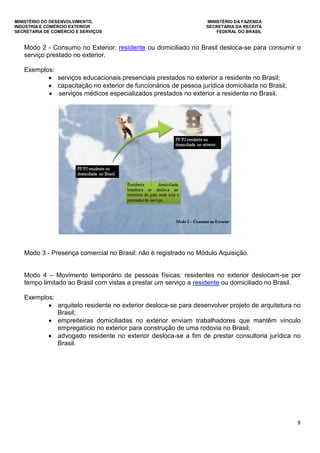 MINISTÉRIO DO DESENVOLVIMENTO, MINISTÉRIO DA FAZENDA
INDÚSTRIA E COMÉRCIO EXTERIOR SECRETARIA DA RECEITA
SECRETARIA DE COMÉRCIO E SERVIÇOS FEDERAL DO BRASIL
8
Modo 2 - Consumo no Exterior: residente ou domiciliado no Brasil desloca-se para consumir o
serviço prestado no exterior.
Exemplos:
 serviços educacionais presenciais prestados no exterior a residente no Brasil;
 capacitação no exterior de funcionários de pessoa jurídica domiciliada no Brasil;
 serviços médicos especializados prestados no exterior a residente no Brasil.
Modo 3 - Presença comercial no Brasil: não é registrado no Módulo Aquisição.
Modo 4 – Movimento temporário de pessoas físicas: residentes no exterior deslocam-se por
tempo limitado ao Brasil com vistas a prestar um serviço a residente ou domiciliado no Brasil.
Exemplos:
 arquiteto residente no exterior desloca-se para desenvolver projeto de arquitetura no
Brasil;
 empreiteiras domiciliadas no exterior enviam trabalhadores que mantêm vínculo
empregatício no exterior para construção de uma rodovia no Brasil;
 advogado residente no exterior desloca-se a fim de prestar consultoria jurídica no
Brasil.
 