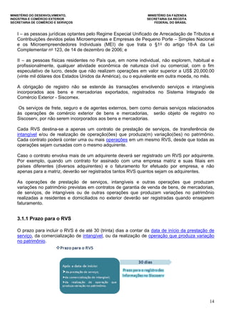 MINISTÉRIO DO DESENVOLVIMENTO, MINISTÉRIO DA FAZENDA
INDÚSTRIA E COMÉRCIO EXTERIOR SECRETARIA DA RECEITA
SECRETARIA DE COMÉRCIO E SERVIÇOS FEDERAL DO BRASIL
14
I – as pessoas jurídicas optantes pelo Regime Especial Unificado de Arrecadação de Tributos e
Contribuições devidos pelas Microempresas e Empresas de Pequeno Porte – Simples Nacional
e os Microempreendedores Individuais (MEI) de que trata o §1o do artigo 18-A da Lei
Complementar no 123, de 14 de dezembro de 2006; e
II – as pessoas físicas residentes no País que, em nome individual, não explorem, habitual e
profissionalmente, qualquer atividade econômica de natureza civil ou comercial, com o fim
especulativo de lucro, desde que não realizem operações em valor superior a US$ 20,000.00
(vinte mil dólares dos Estados Unidos da América), ou o equivalente em outra moeda, no mês.
A obrigação de registro não se estende às transações envolvendo serviços e intangíveis
incorporados aos bens e mercadorias exportados, registrados no Sistema Integrado de
Comércio Exterior - Siscomex.
Os serviços de frete, seguro e de agentes externos, bem como demais serviços relacionados
às operações de comércio exterior de bens e mercadorias, serão objeto de registro no
Siscoserv, por não serem incorporados aos bens e mercadorias.
Cada RVS destina-se a apenas um contrato de prestação de serviços, de transferência de
intangível e/ou de realização de operação(ões) que produza(m) variação(ões) no patrimônio.
Cada contrato poderá conter uma ou mais operações em um mesmo RVS, desde que todas as
operações sejam cursadas com o mesmo adquirente.
Caso o contrato envolva mais de um adquirente deverá ser registrado um RVS por adquirente.
Por exemplo, quando um contrato for assinado com uma empresa matriz e suas filiais em
países diferentes (diversos adquirentes) e o faturamento for efetuado por empresa, e não
apenas para a matriz, deverão ser registrados tantos RVS quantos sejam os adquirentes.
As operações de prestação de serviços, intangíveis e outras operações que produzam
variações no patrimônio previstas em contratos de garantia de venda de bens, de mercadorias,
de serviços, de intangíveis ou de outras operações que produzam variações no patrimônio
realizadas a residentes e domiciliados no exterior deverão ser registradas quando ensejarem
faturamento.
3.1.1 Prazo para o RVS
O prazo para incluir o RVS é de até 30 (trinta) dias a contar da data de início da prestação de
serviço, da comercialização de intangível, ou da realização de operação que produza variação
no patrimônio.
 