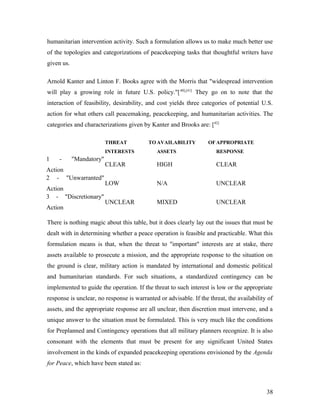 humanitarian intervention activity. Such a formulation allows us to make much better use
of the topologies and categorizations of peacekeeping tasks that thoughtful writers have
given us.
Arnold Kanter and Linton F. Books agree with the Morris that "widespread intervention
will play a growing role in future U.S. policy."[40],[41]
They go on to note that the
interaction of feasibility, desirability, and cost yields three categories of potential U.S.
action for what others call peacemaking, peacekeeping, and humanitarian activities. The
categories and characterizations given by Kanter and Brooks are: [42]
THREAT TO
INTERESTS
AVAILABILITY OF
ASSETS
APPROPRIATE
RESPONSE
1 - "Mandatory"
Action
CLEAR HIGH CLEAR
2 - "Unwarranted"
Action
LOW N/A UNCLEAR
3 - "Discretionary"
Action
UNCLEAR MIXED UNCLEAR
There is nothing magic about this table, but it does clearly lay out the issues that must be
dealt with in determining whether a peace operation is feasible and practicable. What this
formulation means is that, when the threat to "important" interests are at stake, there
assets available to prosecute a mission, and the appropriate response to the situation on
the ground is clear, military action is mandated by international and domestic political
and humanitarian standards. For such situations, a standardized contingency can be
implemented to guide the operation. If the threat to such interest is low or the appropriate
response is unclear, no response is warranted or advisable. If the threat, the availability of
assets, and the appropriate response are all unclear, then discretion must intervene, and a
unique answer to the situation must be formulated. This is very much like the conditions
for Preplanned and Contingency operations that all military planners recognize. It is also
consonant with the elements that must be present for any significant United States
involvement in the kinds of expanded peacekeeping operations envisioned by the Agenda
for Peace, which have been stated as:
38
 