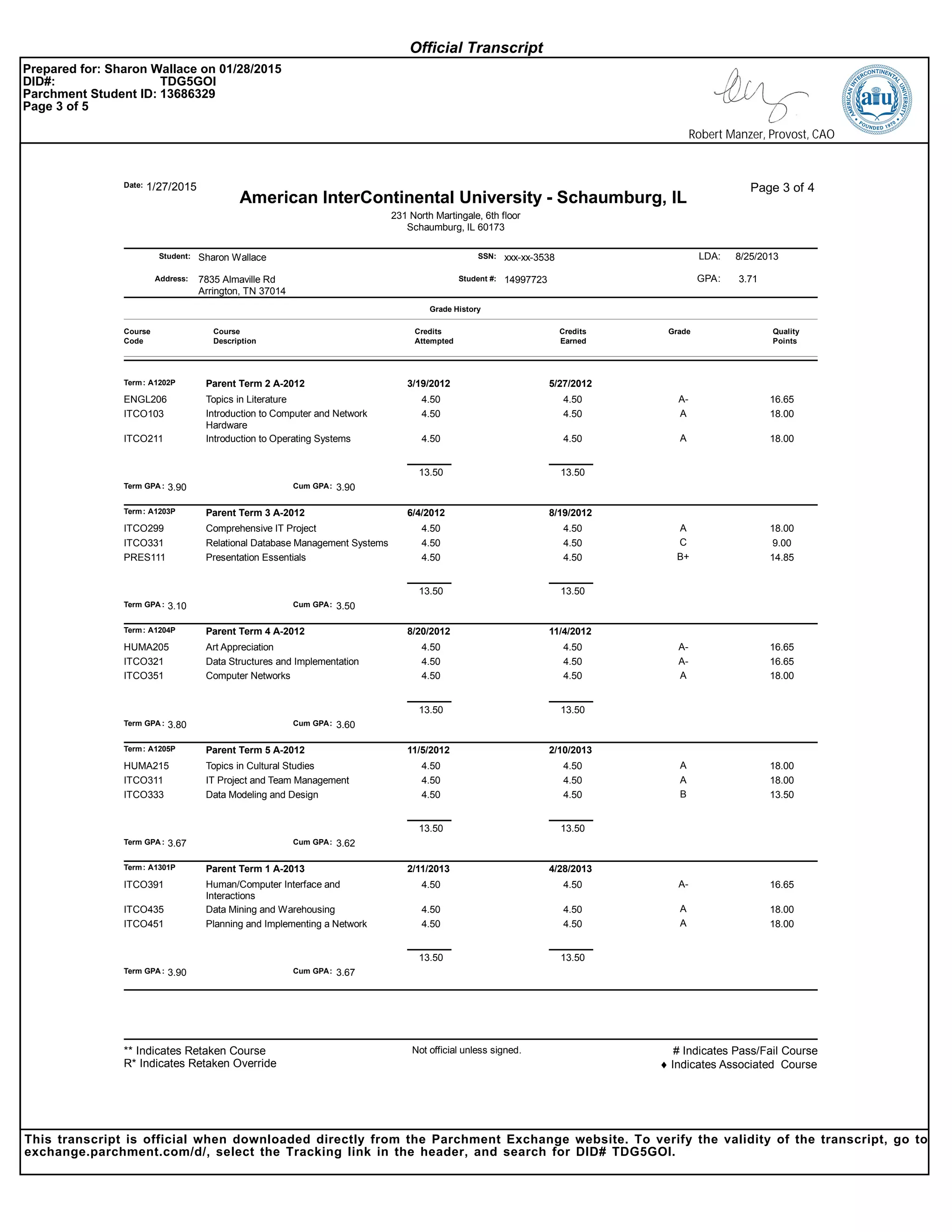 Sharon Wallace xxx-xx-3538Student:
Address:
SSN:
1/27/2015Date:
7835 Almaville Rd
Arrington, TN 37014
Page 3 of 4
Student #: 14997723
231 North Martingale, 6th floor
Schaumburg, IL 60173
LDA:
American InterContinental University - Schaumburg, IL
8/25/2013
GPA: 3.71
Course
Code
Course
Description
Credits
Attempted
Credits
Earned
Grade
Grade History
Quality
Points
Term: A1202P Parent Term 2 A-2012 3/19/2012 5/27/2012
Topics in Literature 4.50 4.50 A- 16.65ENGL206
Introduction to Computer and Network
Hardware
4.50 4.50 A 18.00ITCO103
Introduction to Operating Systems 4.50 4.50 A 18.00ITCO211
Term GPA : Cum GPA:3.90 3.90
13.50 13.50
Term: A1203P Parent Term 3 A-2012 6/4/2012 8/19/2012
Comprehensive IT Project 4.50 4.50 A 18.00ITCO299
Relational Database Management Systems 4.50 4.50 C 9.00ITCO331
Presentation Essentials 4.50 4.50 B+ 14.85PRES111
Term GPA : Cum GPA:3.10 3.50
13.50 13.50
Term: A1204P Parent Term 4 A-2012 8/20/2012 11/4/2012
Art Appreciation 4.50 4.50 A- 16.65HUMA205
Data Structures and Implementation 4.50 4.50 A- 16.65ITCO321
Computer Networks 4.50 4.50 A 18.00ITCO351
Term GPA : Cum GPA:3.80 3.60
13.50 13.50
Term: A1205P Parent Term 5 A-2012 11/5/2012 2/10/2013
Topics in Cultural Studies 4.50 4.50 A 18.00HUMA215
IT Project and Team Management 4.50 4.50 A 18.00ITCO311
Data Modeling and Design 4.50 4.50 B 13.50ITCO333
Term GPA : Cum GPA:3.67 3.62
13.50 13.50
Term: A1301P Parent Term 1 A-2013 2/11/2013 4/28/2013
Human/Computer Interface and
Interactions
4.50 4.50 A- 16.65ITCO391
Data Mining and Warehousing 4.50 4.50 A 18.00ITCO435
Planning and Implementing a Network 4.50 4.50 A 18.00ITCO451
Term GPA : Cum GPA:3.90 3.67
13.50 13.50
Not official unless signed. # Indicates Pass/Fail Course
♦ Indicates Associated Course
** Indicates Retaken Course
R* Indicates Retaken Override
Official Transcript
Prepared for: Sharon Wallace on 01/28/2015
DID#: TDG5GOI
Parchment Student ID: 13686329
Page 3 of 5
Robert Manzer, Provost, CAO
This transcript is official when downloaded directly from the Parchment Exchange website. To verify the validity of the transcript, go to
exchange.parchment.com/d/, select the Tracking link in the header, and search for DID# TDG5GOI.
 
