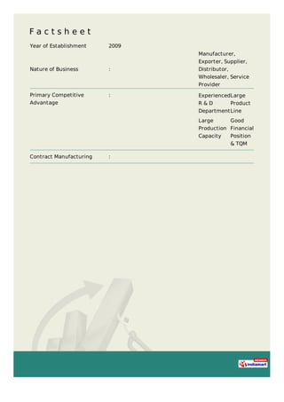 F a c t s h e e t
Year of Establishment 2009
Nature of Business :
Manufacturer,
Exporter, Supplier,
Distributor,
Wholesaler, Service
Provider
Primary Competitive
Advantage
: Experienced
R & D
Department
Large
Product
Line
Large
Production
Capacity
Good
Financial
Position
& TQM
Contract Manufacturing :
 