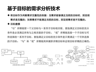基于目标的需求分析技术
 将目标作为判断需求完整性的依据：当需求能够满足当前的目标时，则说明
需求是完整的；如果需求不能满足当前的目标，则说明需求是不完整的。
 目标建模
“与”求精链使一个父目标与一系列子目标相关联，意指满足父目标的充分
条件是必须满足所有与之相关联的子目标。“或”求精链连接一个子目标与可
供选择的一系列子目标，意指满足父目标的充分条件是只需满足一个可供选择
的子目标。“与”和“或”求精链用来捕获求精目标和证明目标求精的正确性。
 