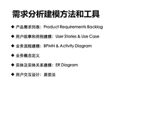 需求分析建模方法和工具
 产品需求列表：Product Requirements Backlog
 用户故事和用例建模：User Stories & Use Case
 业务流程建模：BPMN & Activity Diagram
 业务概念定义
 实体及实体关系建模：ER Diagram
 用户交互设计：原型法
 